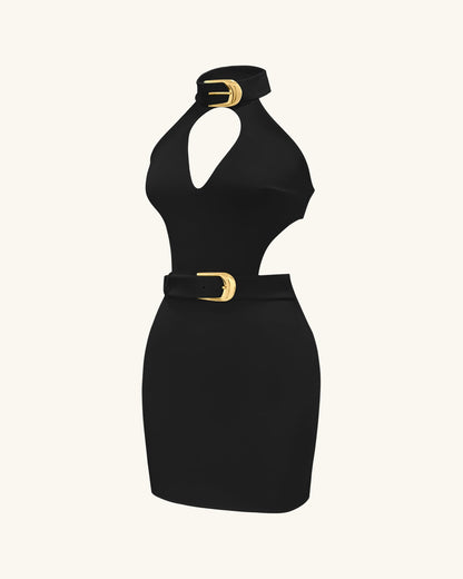 Gabriella Belted Cutout Halter Mini Dress - Black